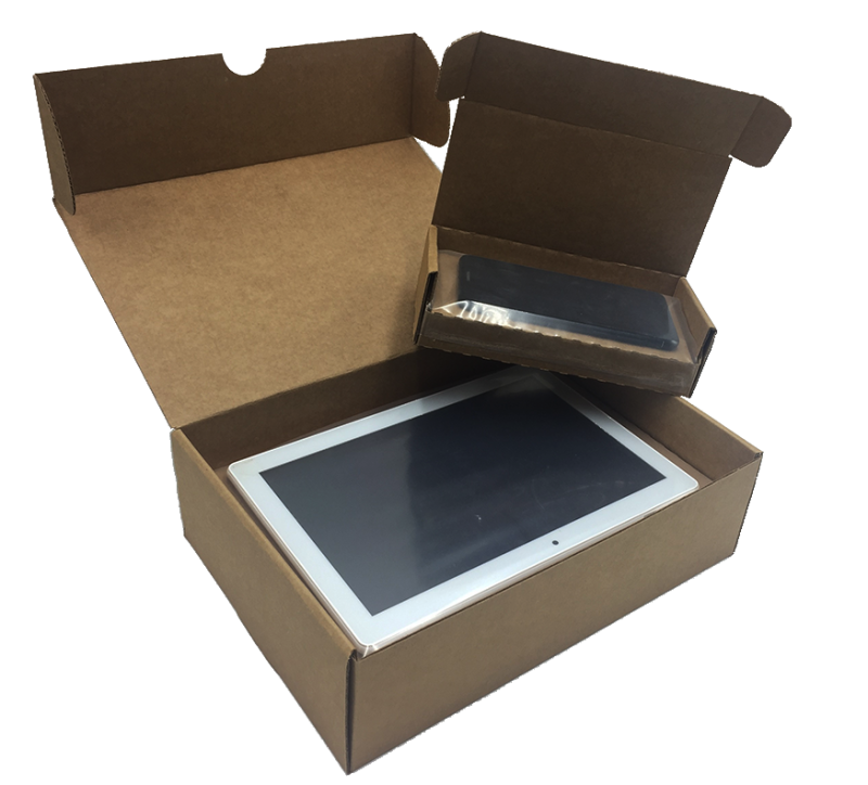 Caja con film de retención tablet y móvil_embalaje ecommerce